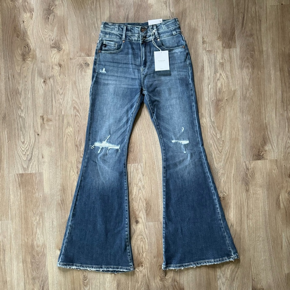 KanCan KC9282D Flare Leg Double Button Zip Fly Distressed Jeans KanKan Cut 38144